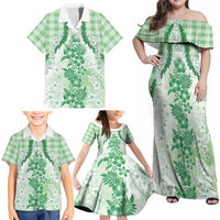 Aloha Hawaii Palaka Family Matching Off Shoulder Maxi Dress and Hawaiian Shirt Green Plumeria Lei LT05 - Polynesian Pride