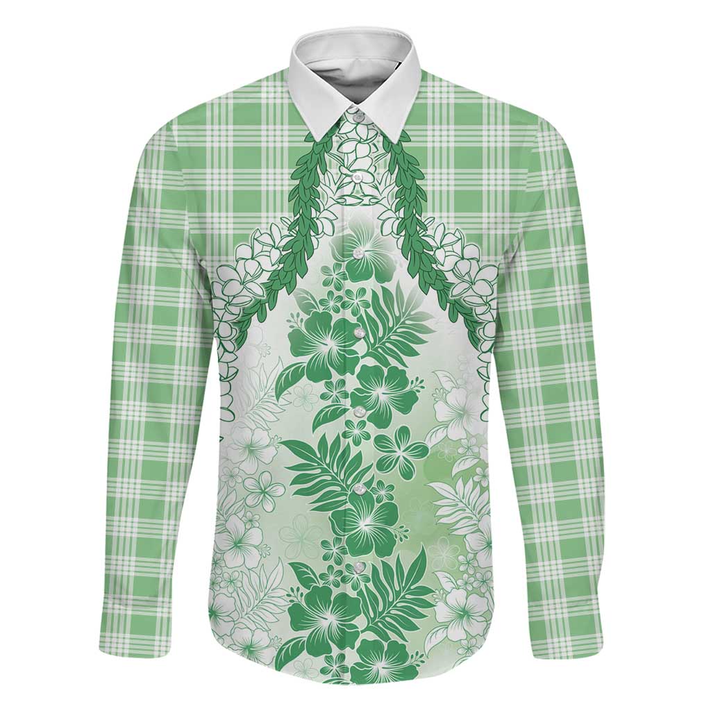 Aloha Hawaii Palaka Family Matching Off Shoulder Maxi Dress and Hawaiian Shirt Green Plumeria Lei LT05 Dad's Shirt - Long Sleeve Green - Polynesian Pride