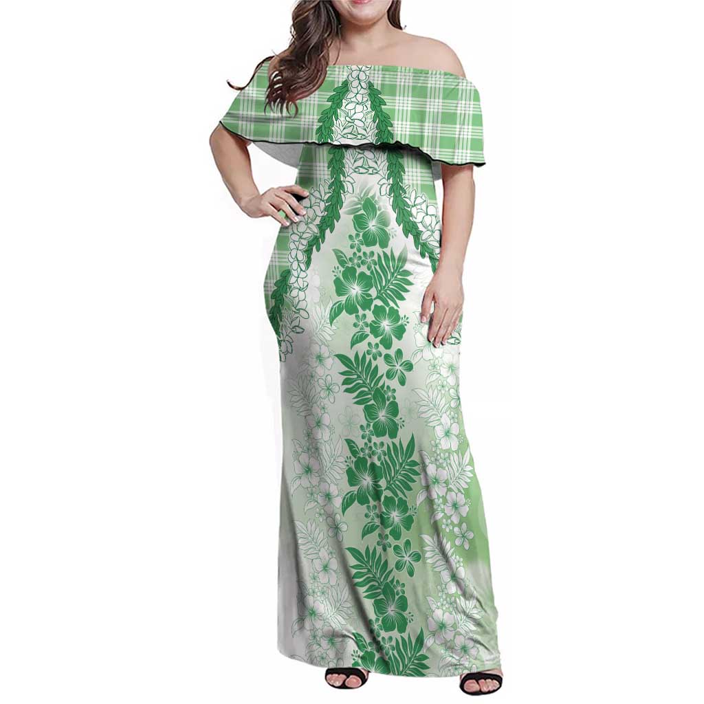 Aloha Hawaii Palaka Family Matching Off Shoulder Maxi Dress and Hawaiian Shirt Green Plumeria Lei LT05 Mom's Dress Green - Polynesian Pride