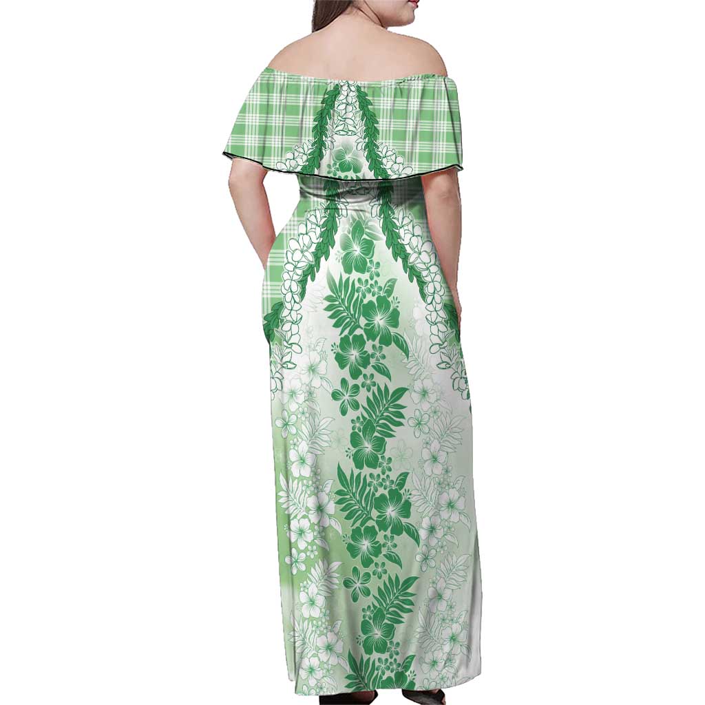 Aloha Hawaii Palaka Family Matching Off Shoulder Maxi Dress and Hawaiian Shirt Green Plumeria Lei LT05 - Polynesian Pride
