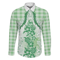 Aloha Hawaii Palaka Family Matching Off Shoulder Short Dress and Hawaiian Shirt Green Plumeria Lei LT05 Dad's Shirt - Long Sleeve Green - Polynesian Pride