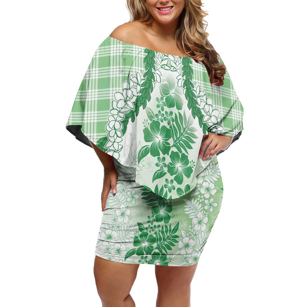 Aloha Hawaii Palaka Family Matching Off Shoulder Short Dress and Hawaiian Shirt Green Plumeria Lei LT05 Mom's Dress Green - Polynesian Pride