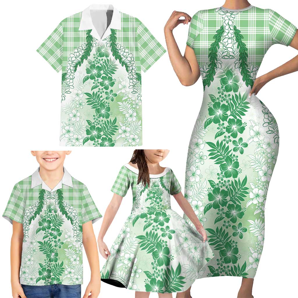 Aloha Hawaii Palaka Family Matching Short Sleeve Bodycon Dress and Hawaiian Shirt Green Plumeria Lei LT05 - Polynesian Pride