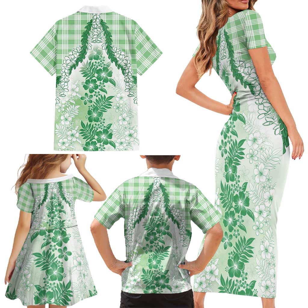 Aloha Hawaii Palaka Family Matching Short Sleeve Bodycon Dress and Hawaiian Shirt Green Plumeria Lei LT05 - Polynesian Pride