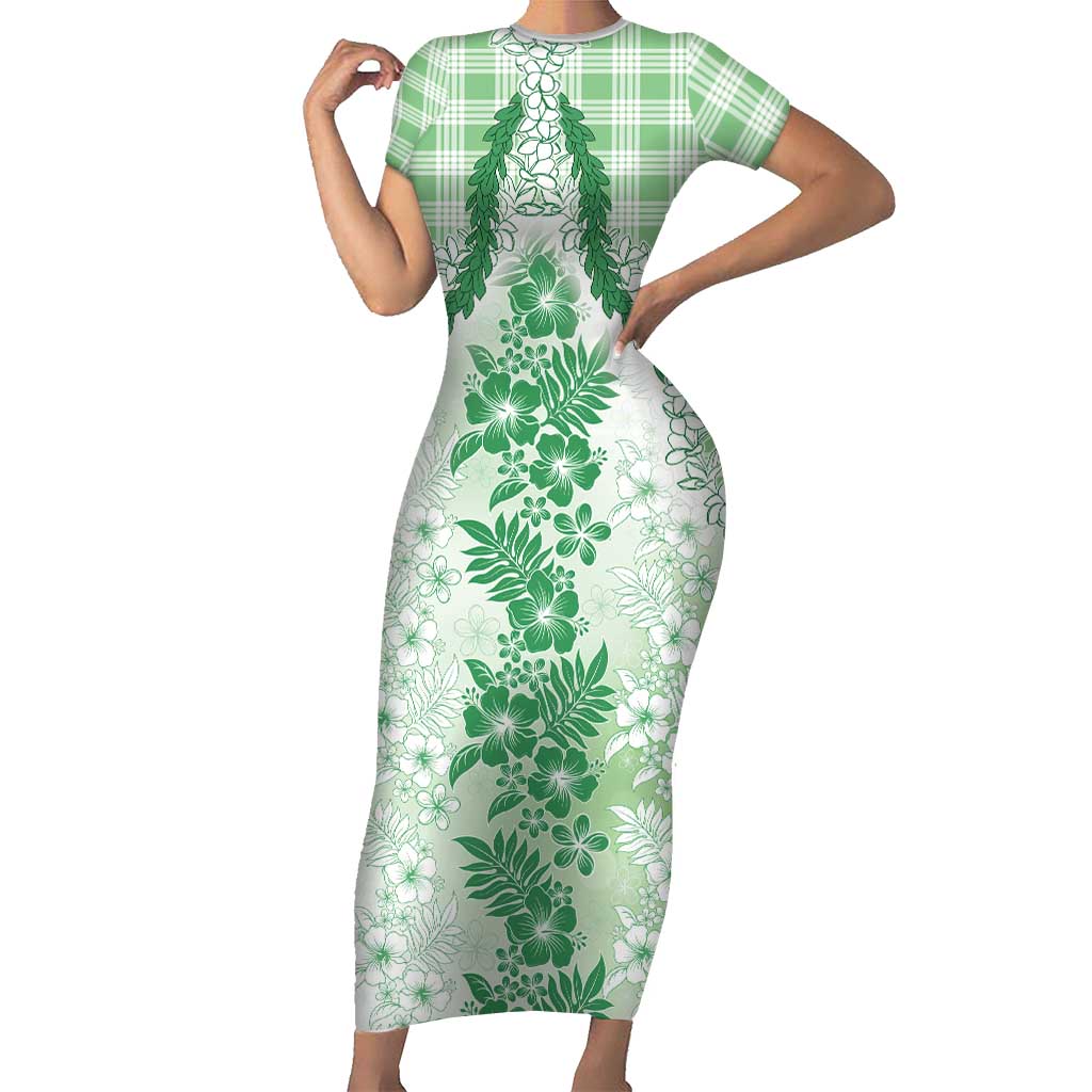 Aloha Hawaii Palaka Family Matching Short Sleeve Bodycon Dress and Hawaiian Shirt Green Plumeria Lei LT05 Mom's Dress Green - Polynesian Pride