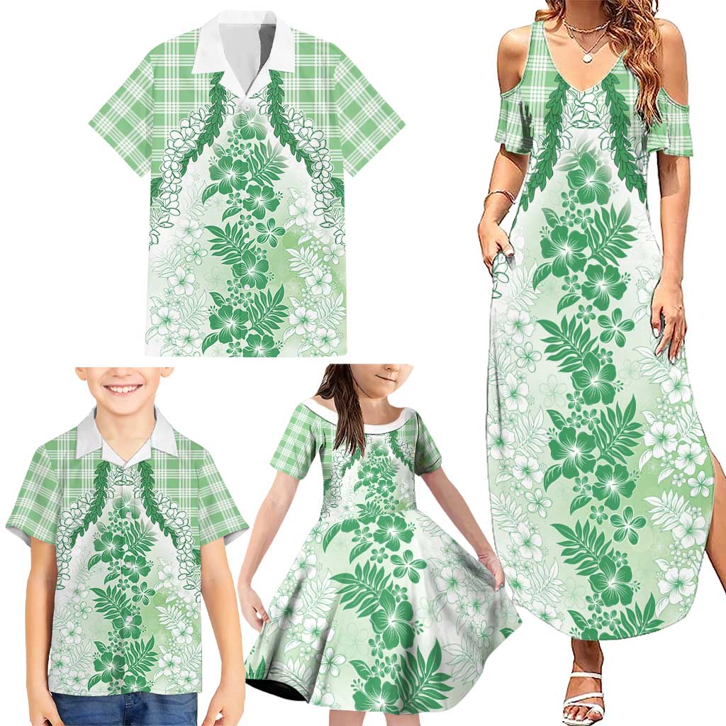 Aloha Hawaii Palaka Family Matching Summer Maxi Dress and Hawaiian Shirt Green Plumeria Lei LT05 - Polynesian Pride
