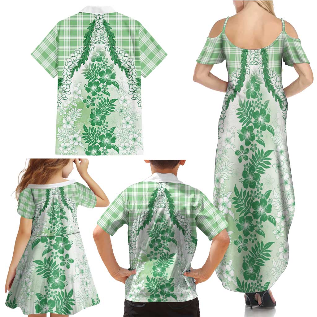 Aloha Hawaii Palaka Family Matching Summer Maxi Dress and Hawaiian Shirt Green Plumeria Lei LT05 - Polynesian Pride