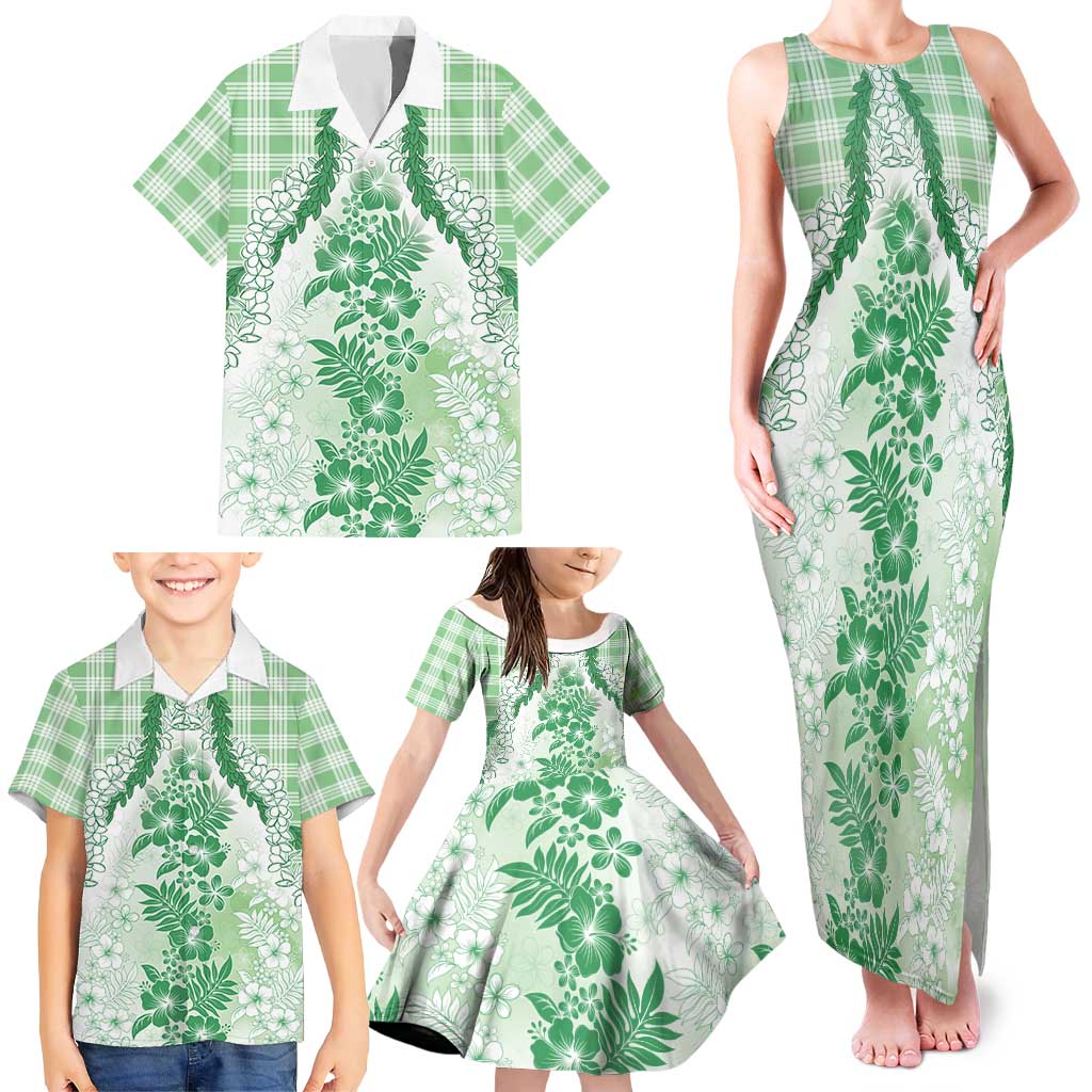 Aloha Hawaii Palaka Family Matching Tank Maxi Dress and Hawaiian Shirt Green Plumeria Lei LT05 - Polynesian Pride