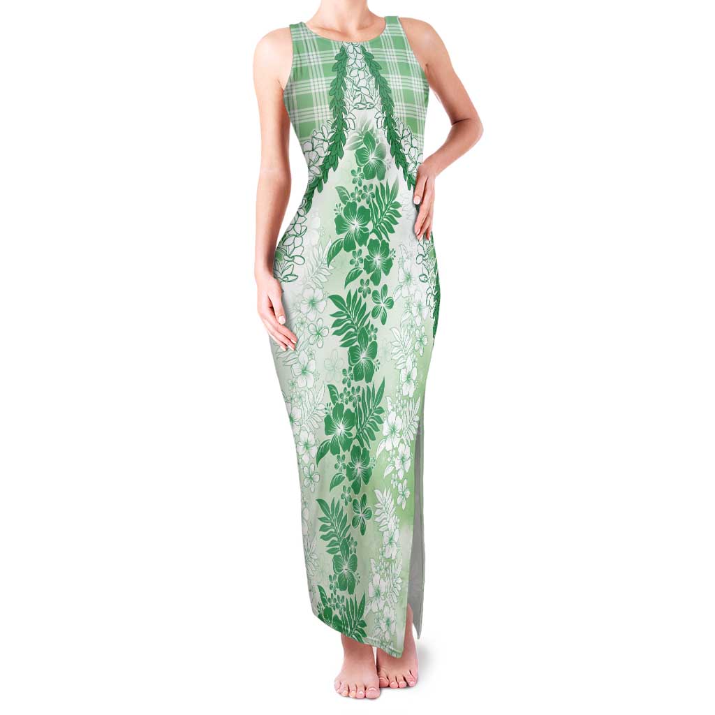 Aloha Hawaii Palaka Family Matching Tank Maxi Dress and Hawaiian Shirt Green Plumeria Lei LT05 Mom's Dress Green - Polynesian Pride