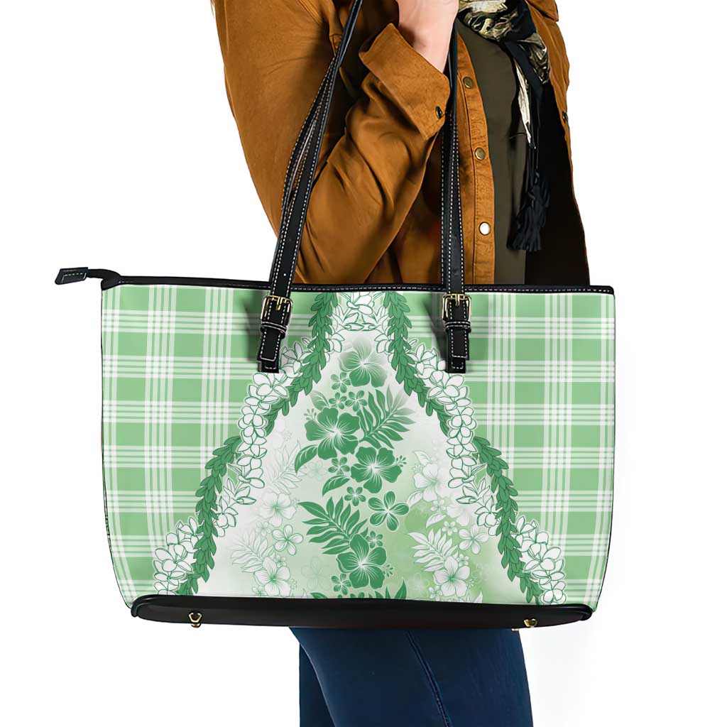Aloha Hawaii Palaka Leather Tote Bag Green Plumeria Lei - Polynesian Pride