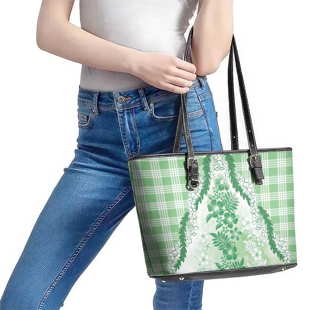 Aloha Hawaii Palaka Leather Tote Bag Green Plumeria Lei - Polynesian Pride