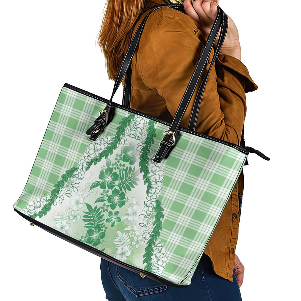 Aloha Hawaii Palaka Leather Tote Bag Green Plumeria Lei - Polynesian Pride