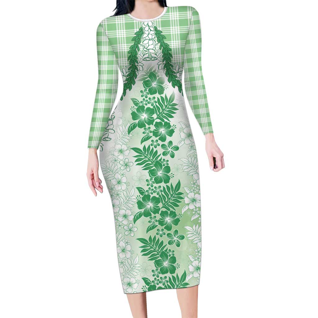 Aloha Hawaii Palaka Long Sleeve Bodycon Dress Green Plumeria Lei LT05 Long Dress Green - Polynesian Pride