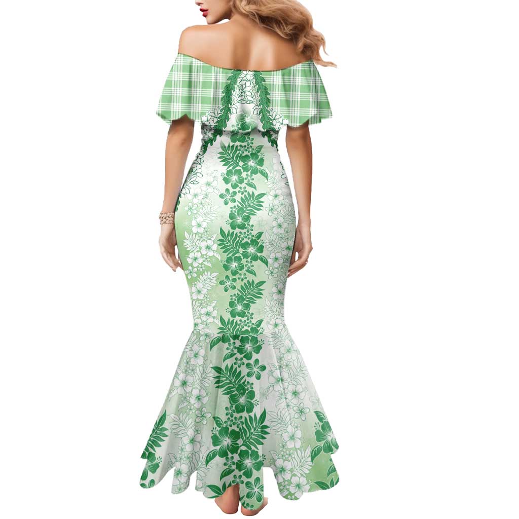 Aloha Hawaii Palaka Mermaid Dress Green Plumeria Lei - Polynesian Pride