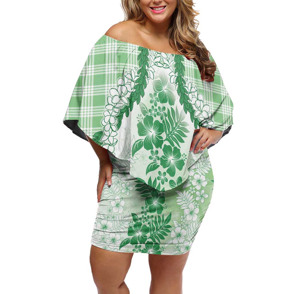 Aloha Hawaii Palaka Off Shoulder Short Dress Green Plumeria Lei - Polynesian Pride
