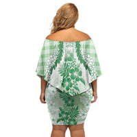 Aloha Hawaii Palaka Off Shoulder Short Dress Green Plumeria Lei - Polynesian Pride