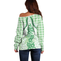Aloha Hawaii Palaka Off Shoulder Sweater Green Plumeria Lei - Polynesian Pride