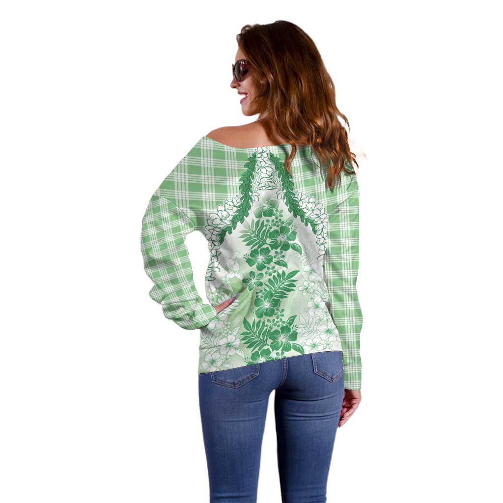 Aloha Hawaii Palaka Off Shoulder Sweater Green Plumeria Lei - Polynesian Pride
