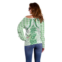 Aloha Hawaii Palaka Off Shoulder Sweater Green Plumeria Lei - Polynesian Pride