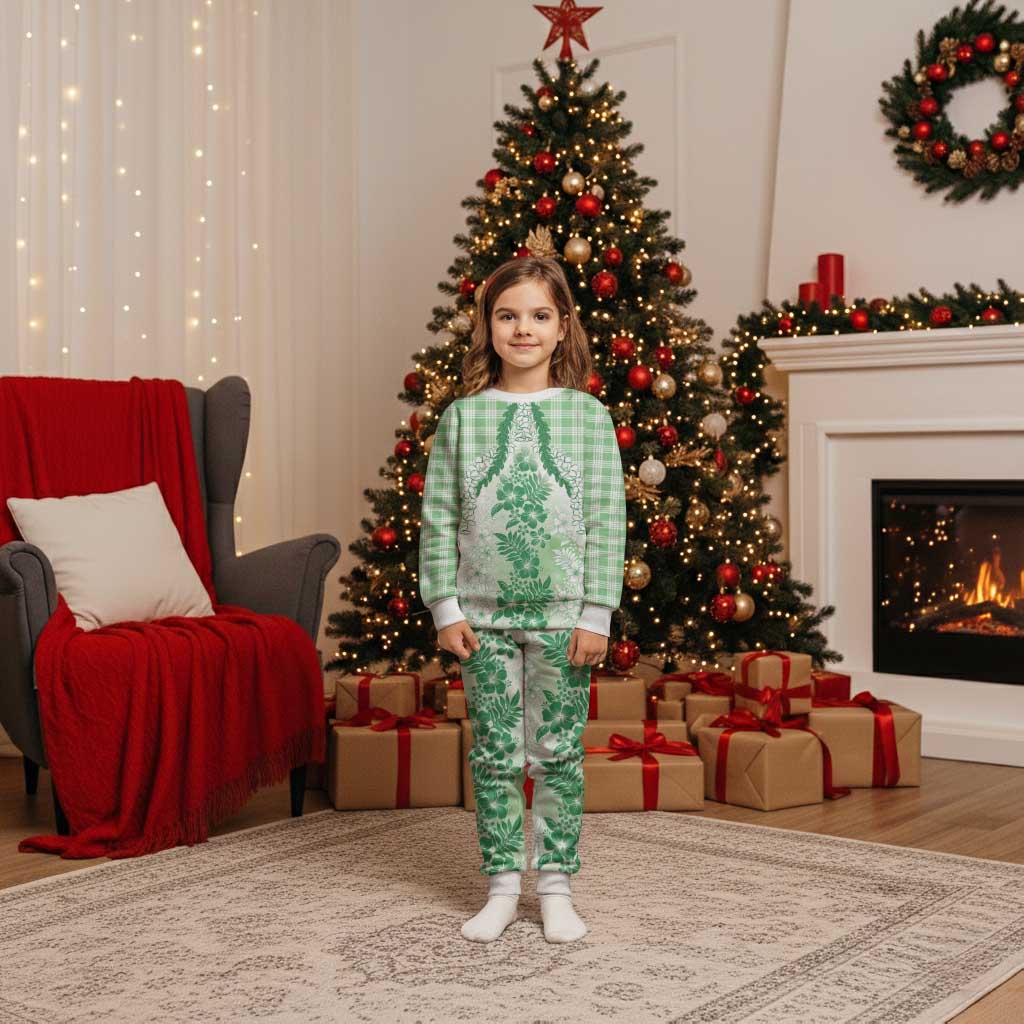Aloha Hawaii Palaka Christmas Pajama Set Green Plumeria Lei - Polynesian Pride