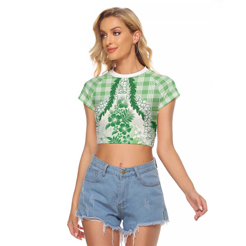 Aloha Hawaii Palaka Raglan Cropped T Shirt Green Plumeria Lei - Polynesian Pride