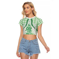 Aloha Hawaii Palaka Raglan Cropped T Shirt Green Plumeria Lei - Polynesian Pride