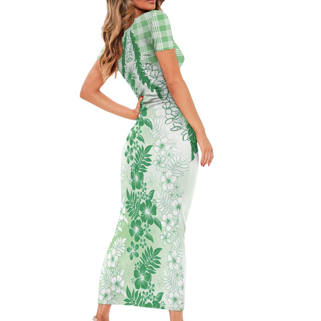 Aloha Hawaii Palaka Short Sleeve Bodycon Dress Green Plumeria Lei - Polynesian Pride