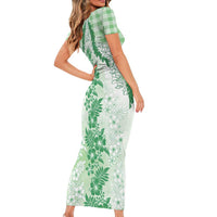Aloha Hawaii Palaka Short Sleeve Bodycon Dress Green Plumeria Lei - Polynesian Pride