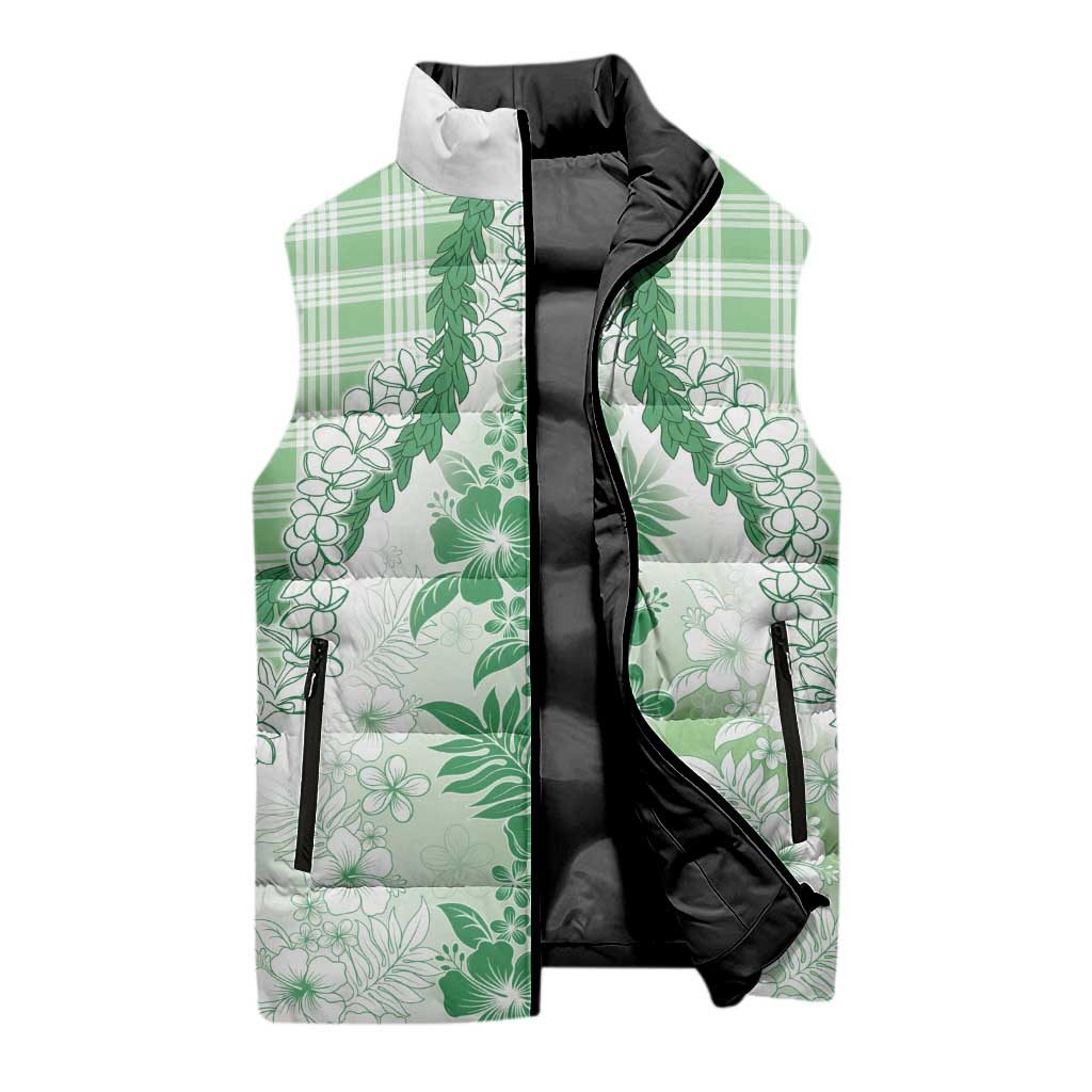 Aloha Hawaii Palaka Sleeveless Puffer Jacket Green Plumeria Lei - Polynesian Pride