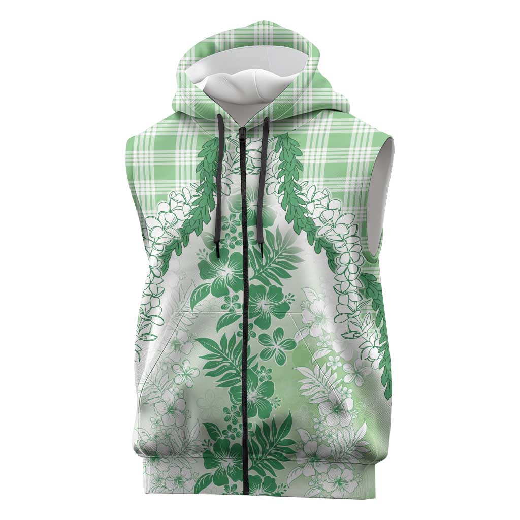 Aloha Hawaii Palaka Sleeveless Zip Hoodie Green Plumeria Lei LT05