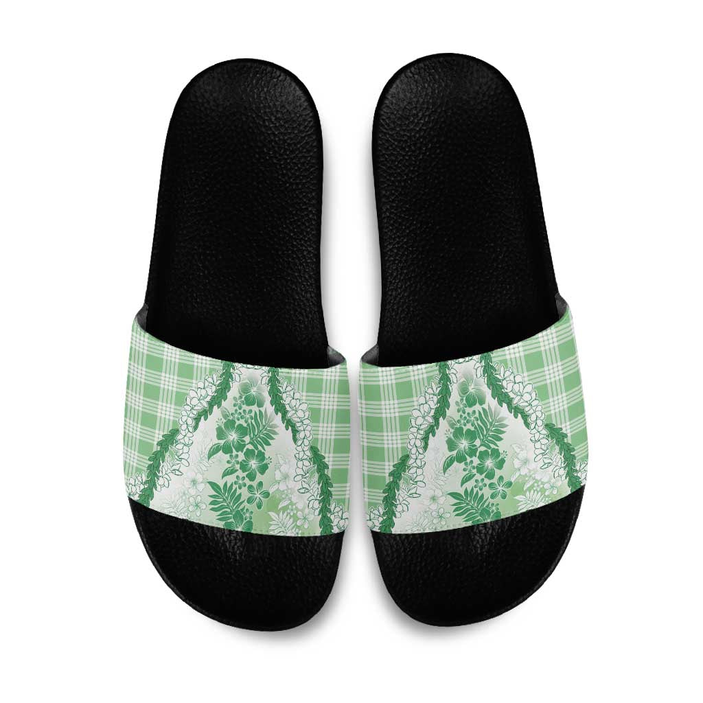 Aloha Hawaii Palaka Slide Sandals Green Plumeria Lei - Polynesian Pride
