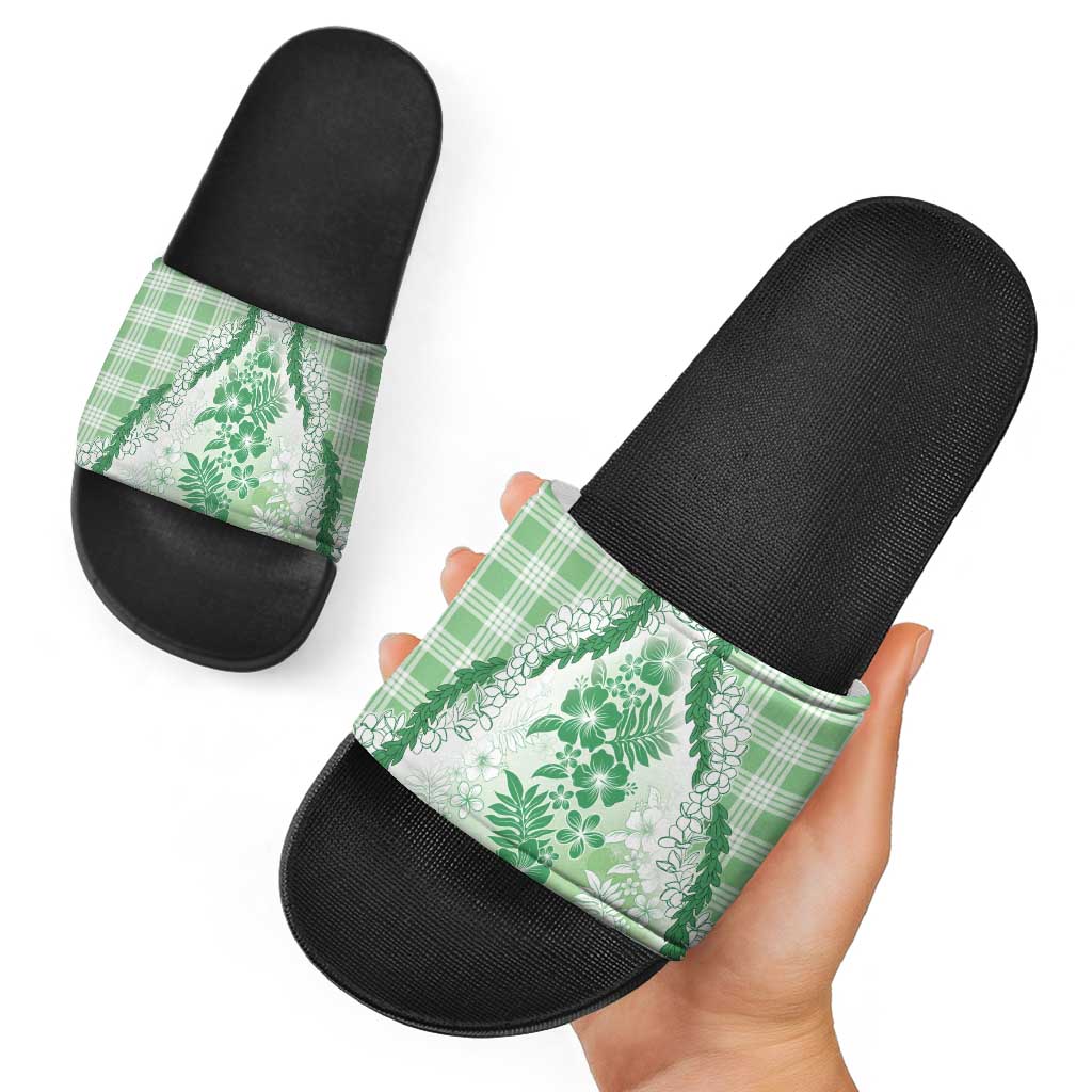 Aloha Hawaii Palaka Slide Sandals Green Plumeria Lei - Polynesian Pride