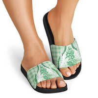 Aloha Hawaii Palaka Slide Sandals Green Plumeria Lei - Polynesian Pride