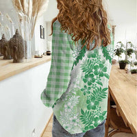 Aloha Hawaii Palaka Women Casual Shirt Green Plumeria Lei - Polynesian Pride