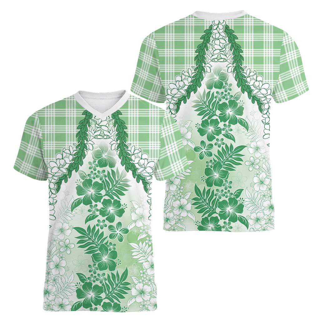 Aloha Hawaii Palaka Women V-Neck T-Shirt Green Plumeria Lei - Polynesian Pride