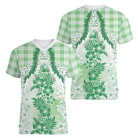 Aloha Hawaii Palaka Women V-Neck T-Shirt Green Plumeria Lei - Polynesian Pride