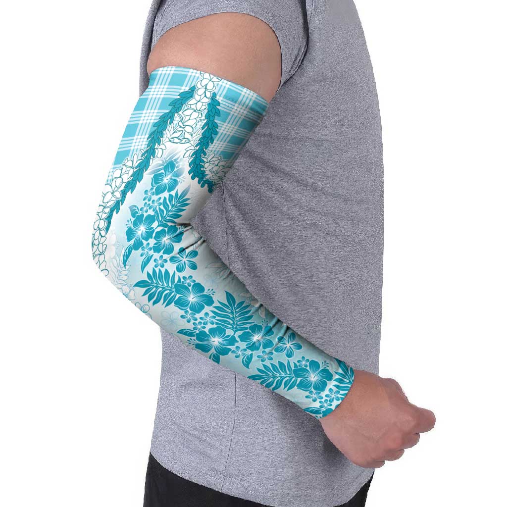 Aloha Hawaii Palaka Arm Sleeves Blue Plumeria Lei - Polynesian Pride