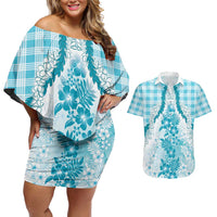Aloha Hawaii Palaka Couples Matching Off Shoulder Short Dress and Hawaiian Shirt Blue Plumeria Lei - Polynesian Pride