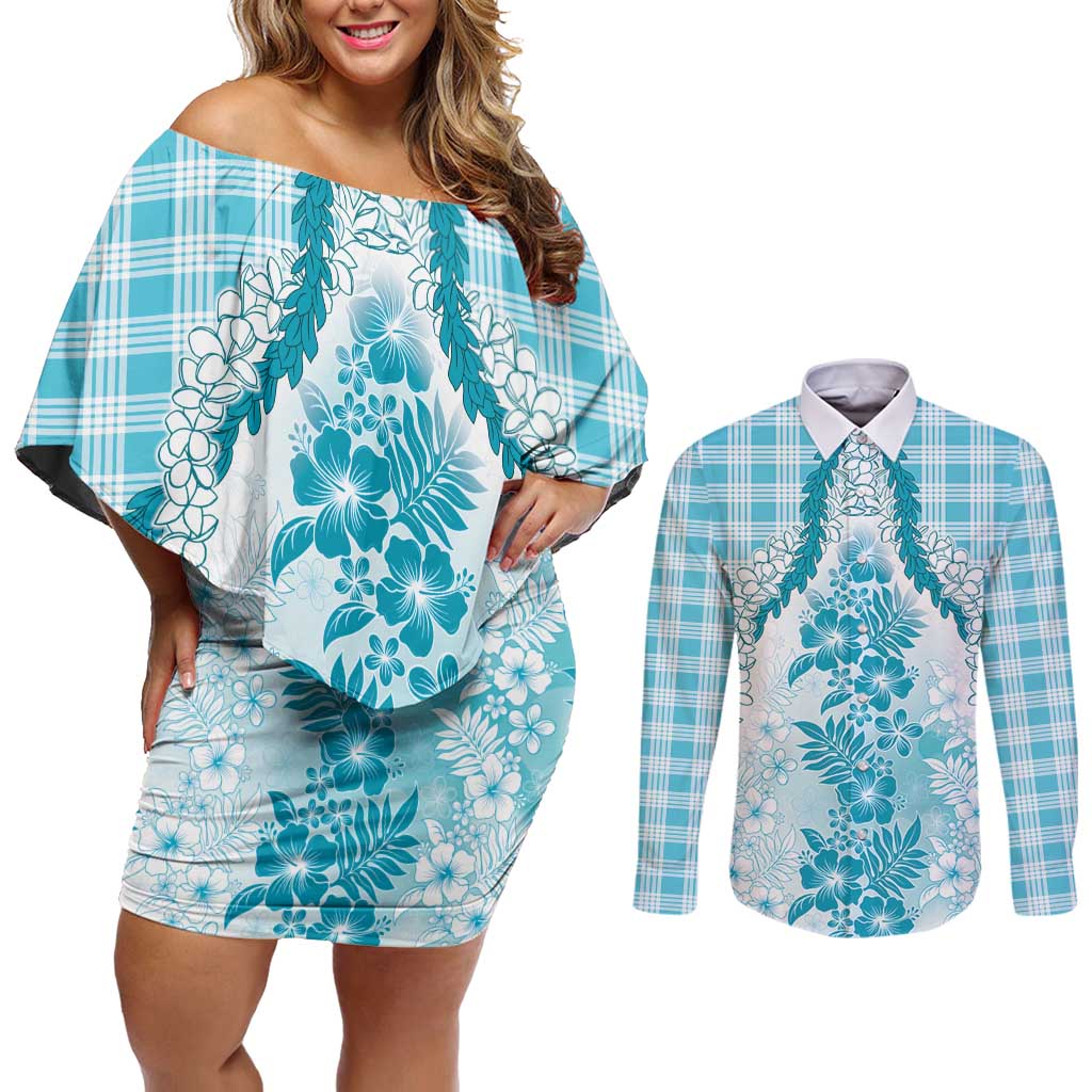 Aloha Hawaii Palaka Couples Matching Off Shoulder Short Dress and Long Sleeve Button Shirt Blue Plumeria Lei - Polynesian Pride