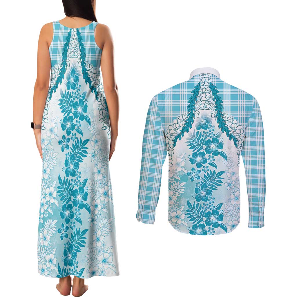 Aloha Hawaii Palaka Couples Matching Tank Maxi Dress and Long Sleeve Button Shirt Blue Plumeria Lei - Polynesian Pride