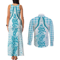 Aloha Hawaii Palaka Couples Matching Tank Maxi Dress and Long Sleeve Button Shirt Blue Plumeria Lei - Polynesian Pride