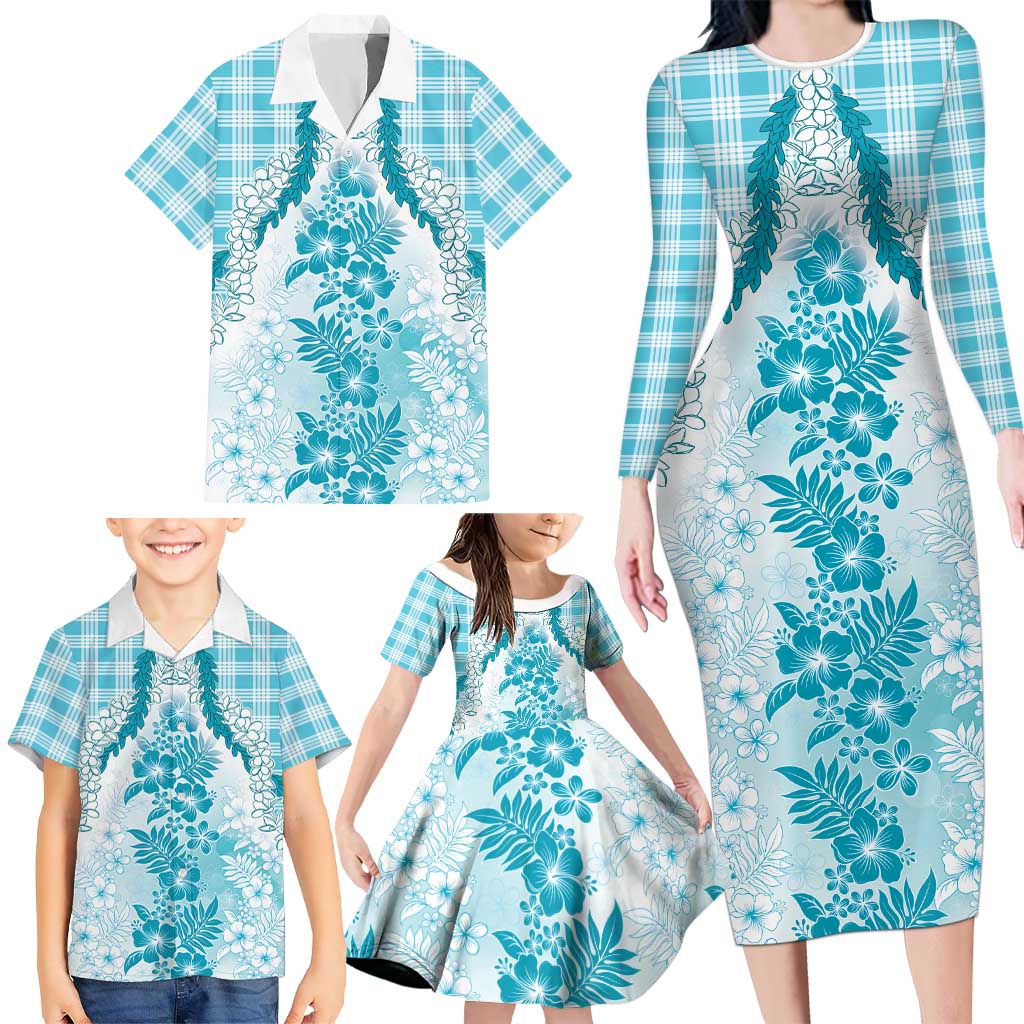 Aloha Hawaii Palaka Family Matching Long Sleeve Bodycon Dress and Hawaiian Shirt Blue Plumeria Lei LT05 - Polynesian Pride