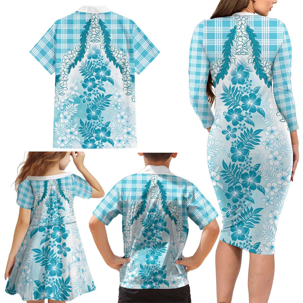 Aloha Hawaii Palaka Family Matching Long Sleeve Bodycon Dress and Hawaiian Shirt Blue Plumeria Lei LT05 - Polynesian Pride