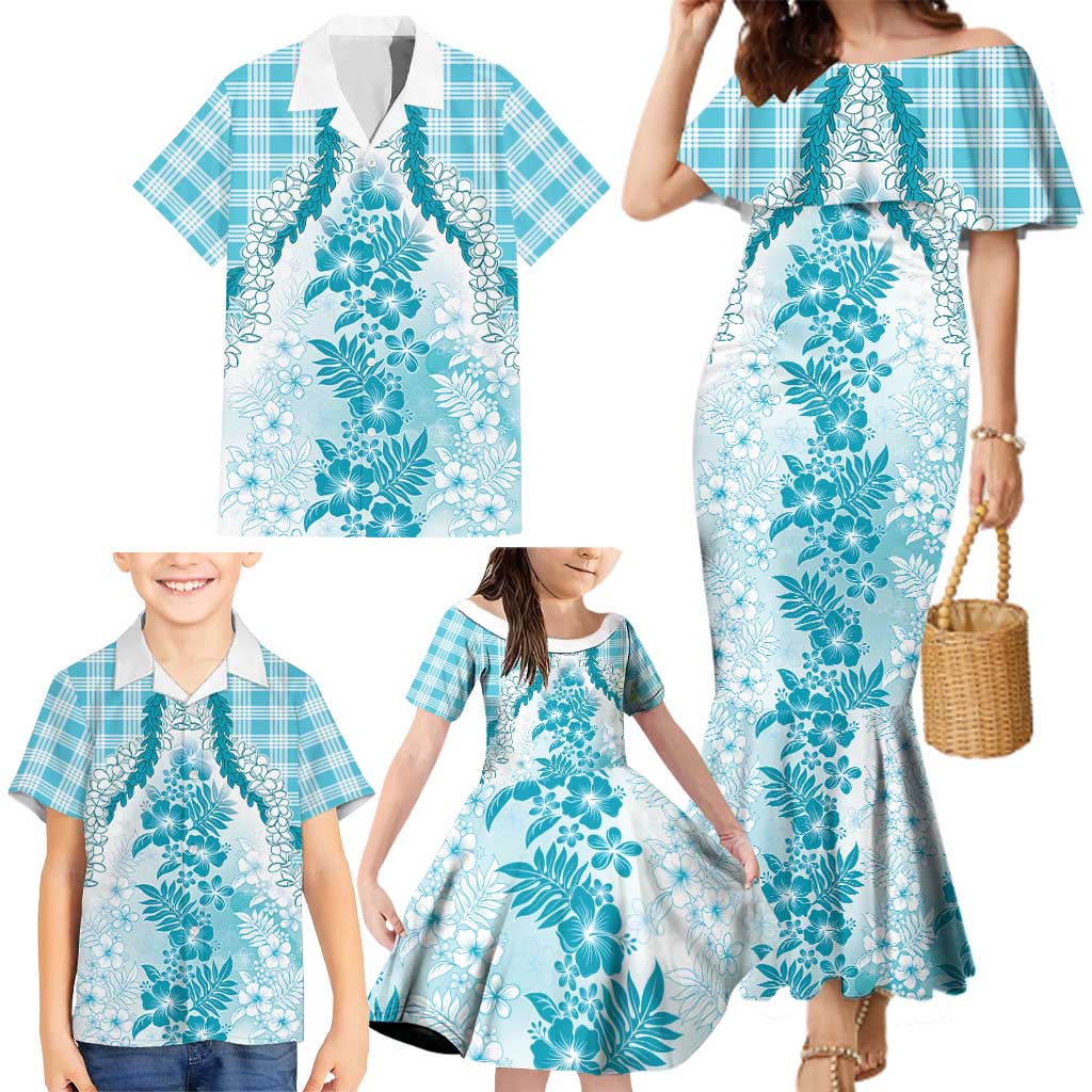 Aloha Hawaii Palaka Family Matching Mermaid Dress and Hawaiian Shirt Blue Plumeria Lei - Polynesian Pride