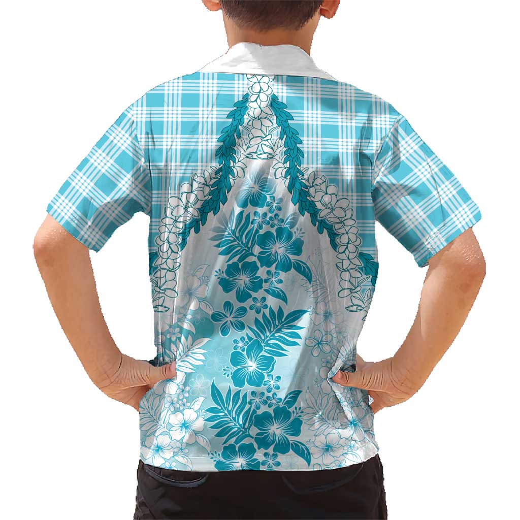 Aloha Hawaii Palaka Family Matching Off The Shoulder Long Sleeve Dress and Hawaiian Shirt Blue Plumeria Lei LT05 - Polynesian Pride