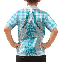 Aloha Hawaii Palaka Family Matching Off The Shoulder Long Sleeve Dress and Hawaiian Shirt Blue Plumeria Lei LT05 - Polynesian Pride
