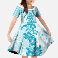 Aloha Hawaii Palaka Family Matching Off The Shoulder Long Sleeve Dress and Hawaiian Shirt Blue Plumeria Lei LT05 Daughter's Dress Blue - Polynesian Pride