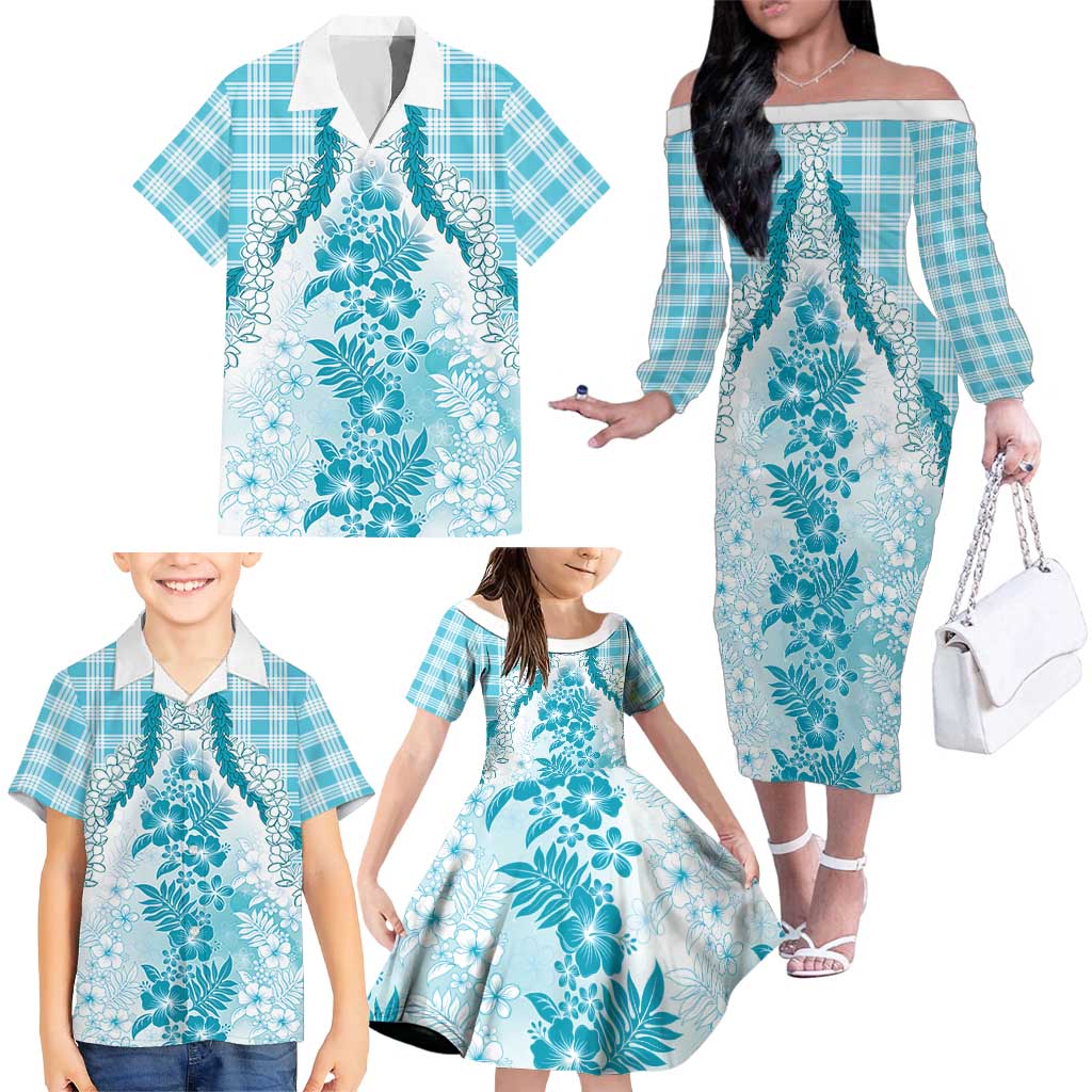 Aloha Hawaii Palaka Family Matching Off The Shoulder Long Sleeve Dress and Hawaiian Shirt Blue Plumeria Lei - Polynesian Pride