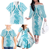 Aloha Hawaii Palaka Family Matching Off The Shoulder Long Sleeve Dress and Hawaiian Shirt Blue Plumeria Lei LT05 - Polynesian Pride