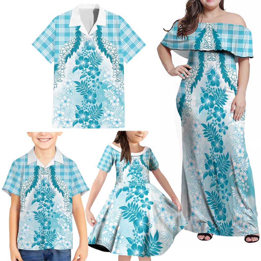 Aloha Hawaii Palaka Family Matching Off Shoulder Maxi Dress and Hawaiian Shirt Blue Plumeria Lei LT05 - Polynesian Pride